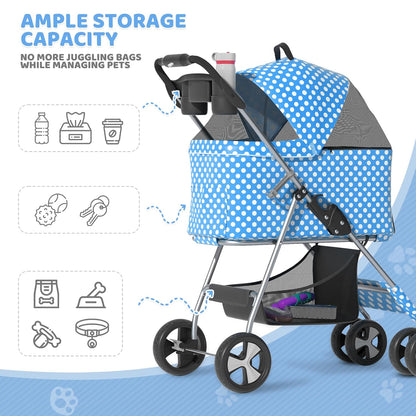 Magshion Foldable Pet Stroller, 3-in-1 Dog Travel Jogger with Detachable Carrier, Cup Holder, Storage Basket, Folding Carrier for Small/Medium Dogs & Cats Up to 33 lbs, Sky Blue Polka Dots