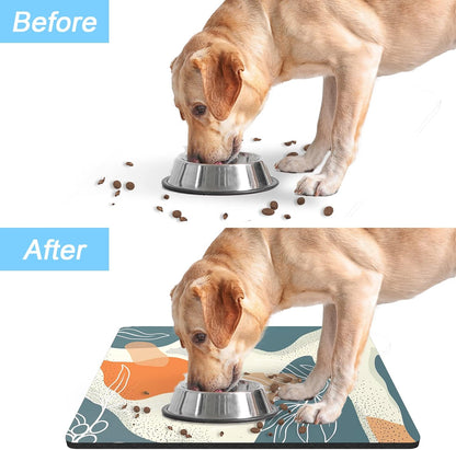 Rnivvi Dog Food Mat, 16" x 24" Boho Absorbent Dog Cat Bowl Mat for Food and Water, Cute Anti-Slip Rubber Pet Feeding Rug Protect Floors, Puppy Placemat for Feeding & Watering Supplies, Abstract Leaves