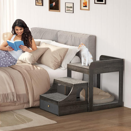 Cyclysio Super Large Multi-Level Pet Bunk Bed with Stairs, Mats, Drawers for Indoor Use, Grey