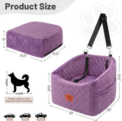 Dog Car Seat for Small Medium Dogs, Memory Foam Pet Booster Seat for Dogs up to 35 lbs, Elevated Dog Carseat, Travel Safety Bed with Washable Removable Cover and Storage Pockets (Purple)