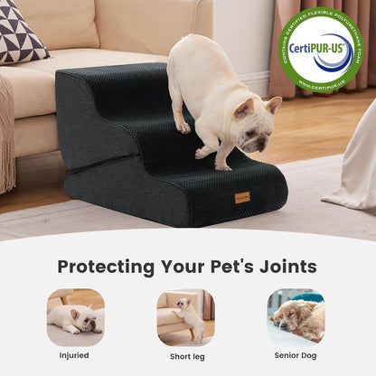 Gardner Pet Dog Stairs for Small Dogs 16.5" H, 2 in 1 Transformable 3-Step Pet Stairs and Dog Ramp for Couch (13-20 in), Black Adjustable Pet Steps with Non-Slip Waterproof Cover and CertiPUR-US Foam
