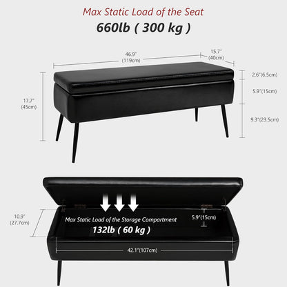 Leather Storage Ottoman Bench,End of Bed Bench for Living Room Bedroom Dinning Room Entryway,Mid-Century Modern,Faux Leather,with Steel Legs,Safety Hinges,Loads 660 lb (Without Button, Black)