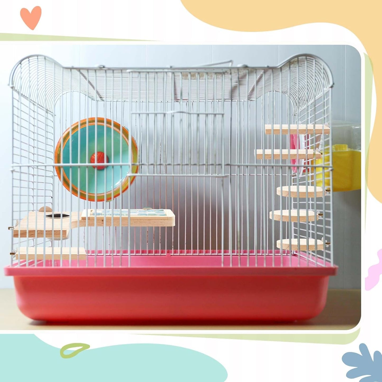 Set of 9 Wooden Hamster Cage Platform Chinchilla Ledges and L Shaped Round Hole Rat Cage Accessories with Cooling Standing Board Food Cup for Squirrel Gerbil Guinea Pig Small Animal