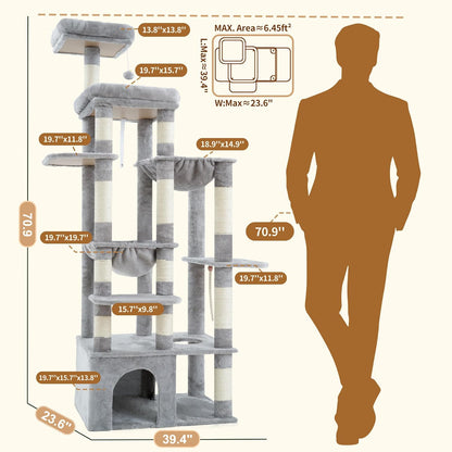 Heybly Heavy Duty Cat Tree, 71-Inch Tall Tower for Large Maine Coon with Extra-Large Baseboard, Cat Condo Furniture with Multi-Level Platforms, 2 Hammocks and 12 Scratching Posts, Light Gray HCT037W