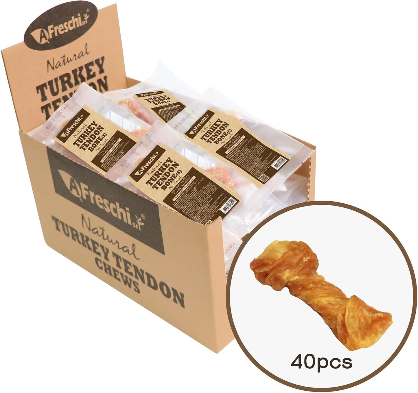 Afreschi Natural Turkey Tendon Bone (S) 40 Units/Box, Dog Treats for Signature Series, All Natural Human Grade Puppy Chew, USA-Sourced Turkey Tendon, Hypoallergenic, Rawhide Alternative