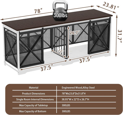 COZPAW 78 Inch Double Dog Crate Furniture, Extra Large Dog Kennel Indoor for Medium Large 2 Dogs, Heavy Duty Dog Cage Chew-Resistant Steel and Wooden Pet House with Removable Divider (White Brown)