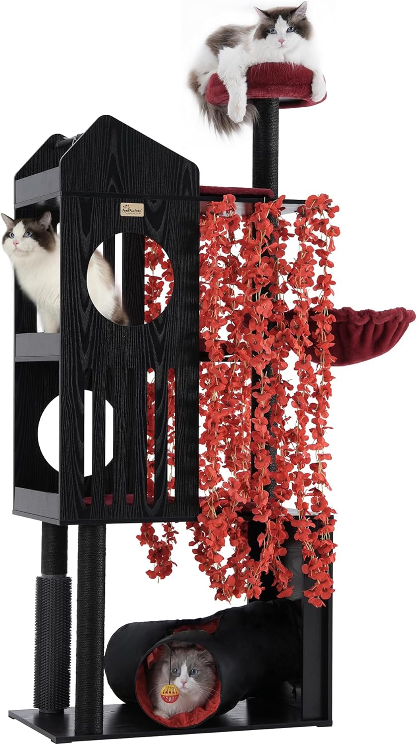 FourFurPets Gothic Cat Tree, 67" Cat Tower for Indoor Cats, Maine Coon Cat Tree for Large Cats 20 lbs+ with Extra-Large Padded Platform, Sisal-Covered Scratching Posts, Comfy Basket, Black & Red