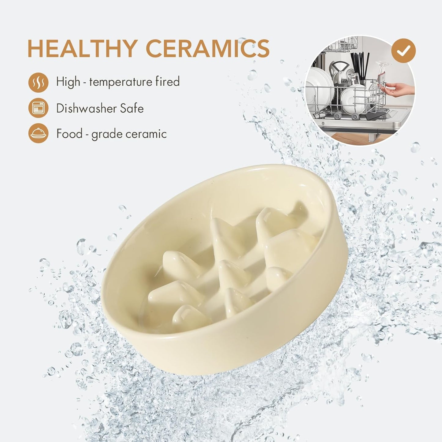 7.3inch Ceramic Dog Raised Slow Feeder Set, Elevated Bowl with Wooden Stand for Medium and Small Dog, Slow Feeder Dish for Fast Easters, Preventing Choking(Beige, Single Bowl+ Stand)