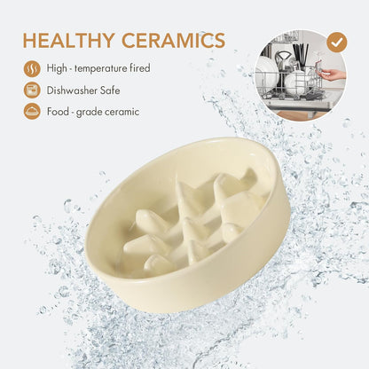 7.3inch Ceramic Dog Raised Slow Feeder Set, Elevated Bowl with Wooden Stand for Medium and Small Dog, Slow Feeder Dish for Fast Easters, Preventing Choking(Beige, Single Bowl+ Stand)