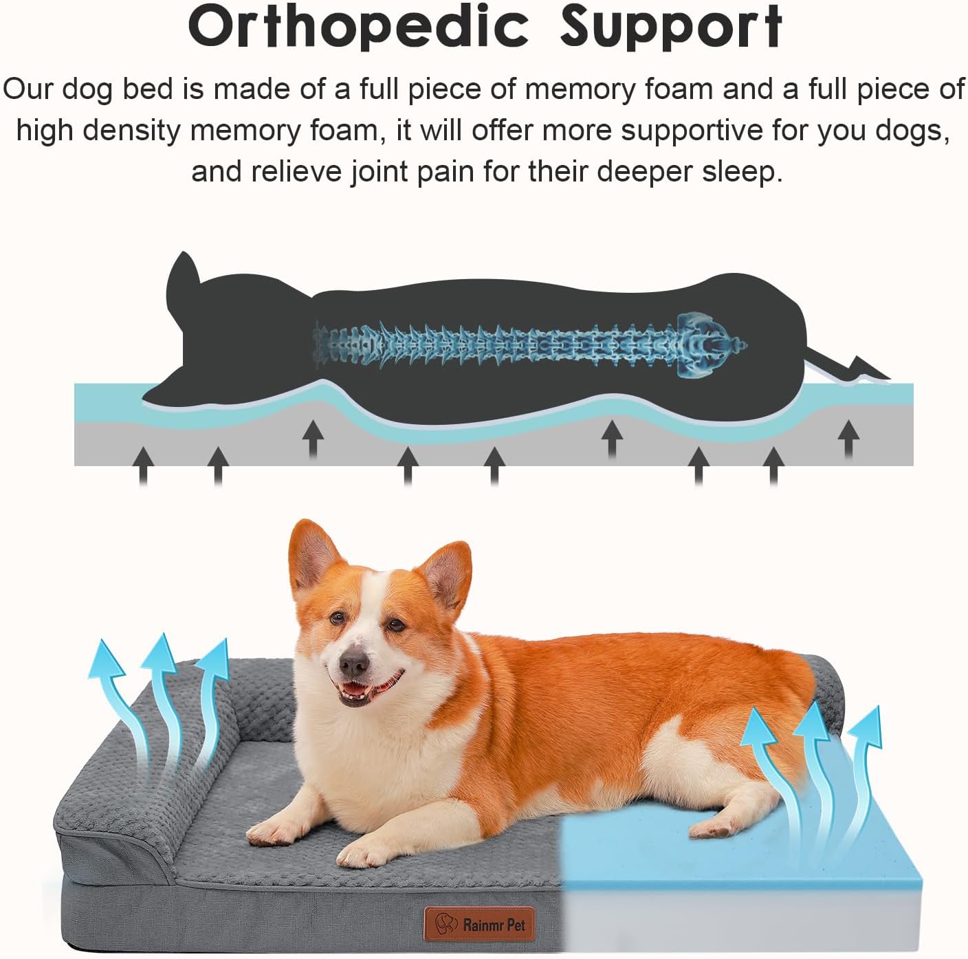 Orthopedic Dog Bed, 3 Inch Memory Foam Dog Beds for Large Dogs, Washable Removable Cover, Nonskid Bottom, Waterproof Pet Couch for Indoor, Outdoor or Car Use, 41x27 Inches XL Dark Grey