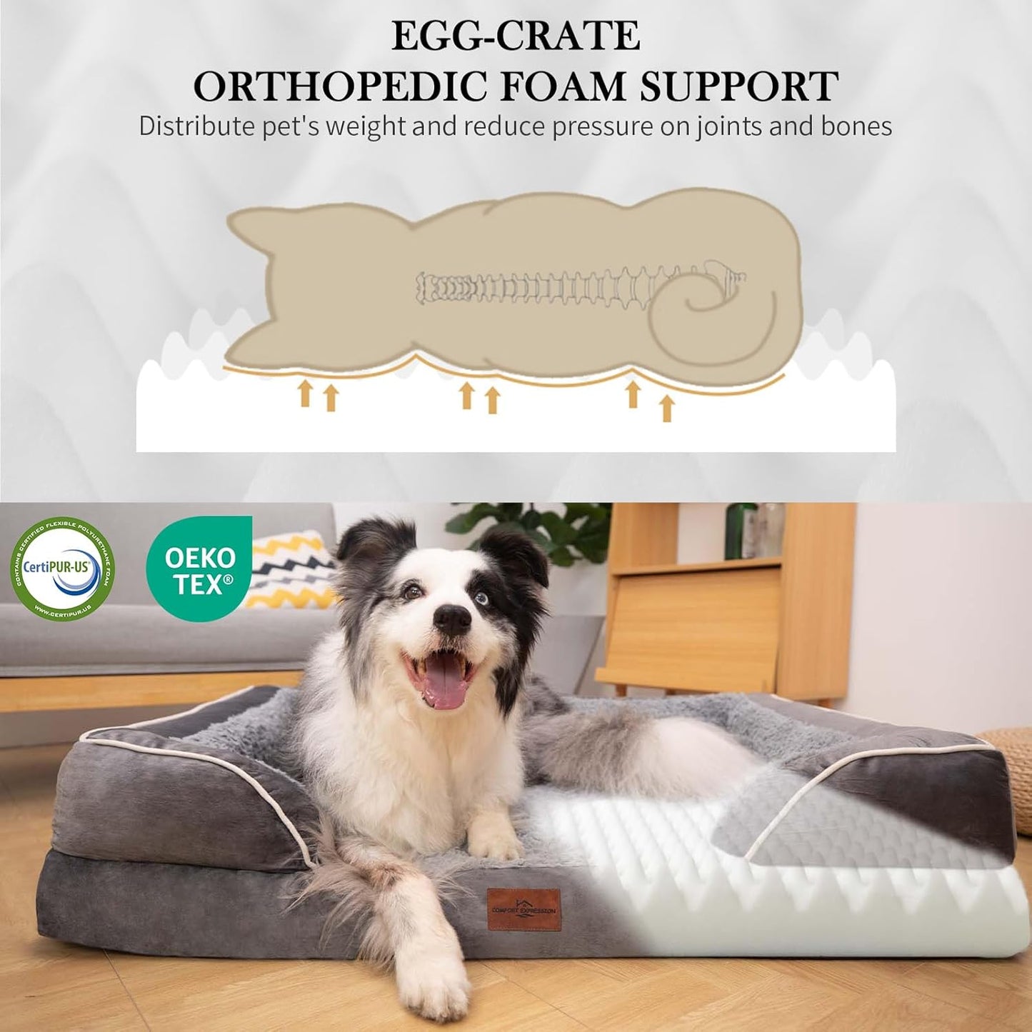 Comfort Expression Waterproof Orthopedic Foam Dog Beds for Extra Large Dogs Durable Dog Sofa The Pet Bed Washable Removable Cover with Zipper and Non-Slip Bottom Bolster