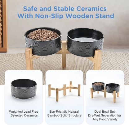 SPUNKYJUNKY Elevated Dog Bowls Ceramic, 6.1'' Dogs and Cat Food Water Bowls Raised with Non-Slip Bamboo Stand for Medium Sized Breed Microwave Dishwasher Safe - 28.7 OZ,Paw Black