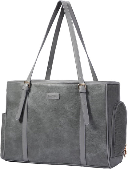 Fashion Dog Purse Pet Carrier Leather Bag for Small Dogs Cats Puppy, Portable Tote Bag Airline Approved Soft-Sided Carriers (Grey)