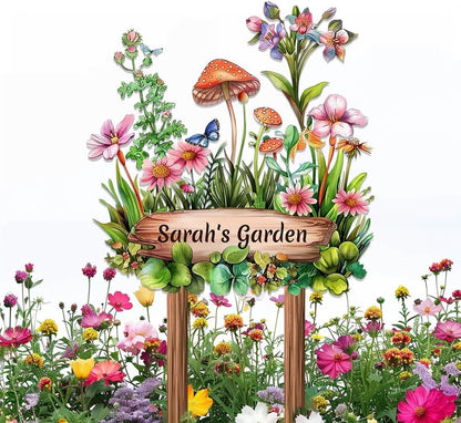 Personalized Mushroom Metal Sign with Stake,Custom Gardener Last Name Signs Outdoor Decoration,Customized Flowers Garden Accessories Decor for Grandma,Butterfly Plaques for Patio Lawn Porch Backyard