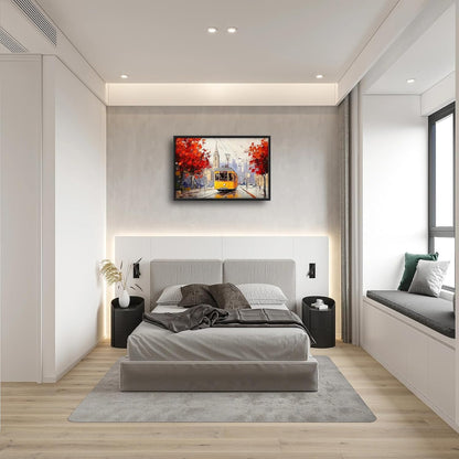 Large Cityscape Wall Art for Living Room, Framed Oversized Urban Tram Wall Decor Tree Landscape Canvas Painting Modern Artwork for Living Room Bathroom Bedroom Office Dining Room 36"x24"