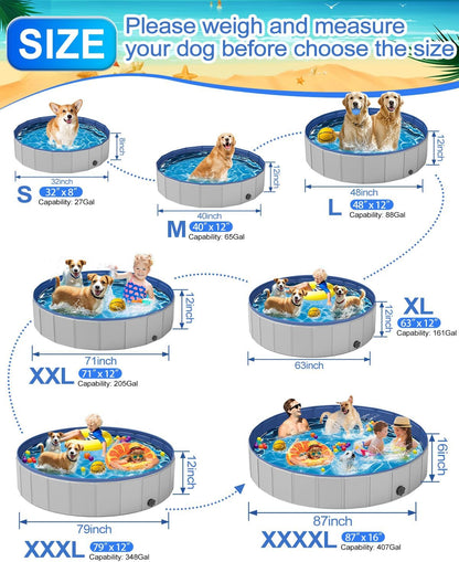 Dog Pool for Large Dogs, Foldable Plastic Pool for Dogs Slip-Resistant (XL - 63'' x 12'')