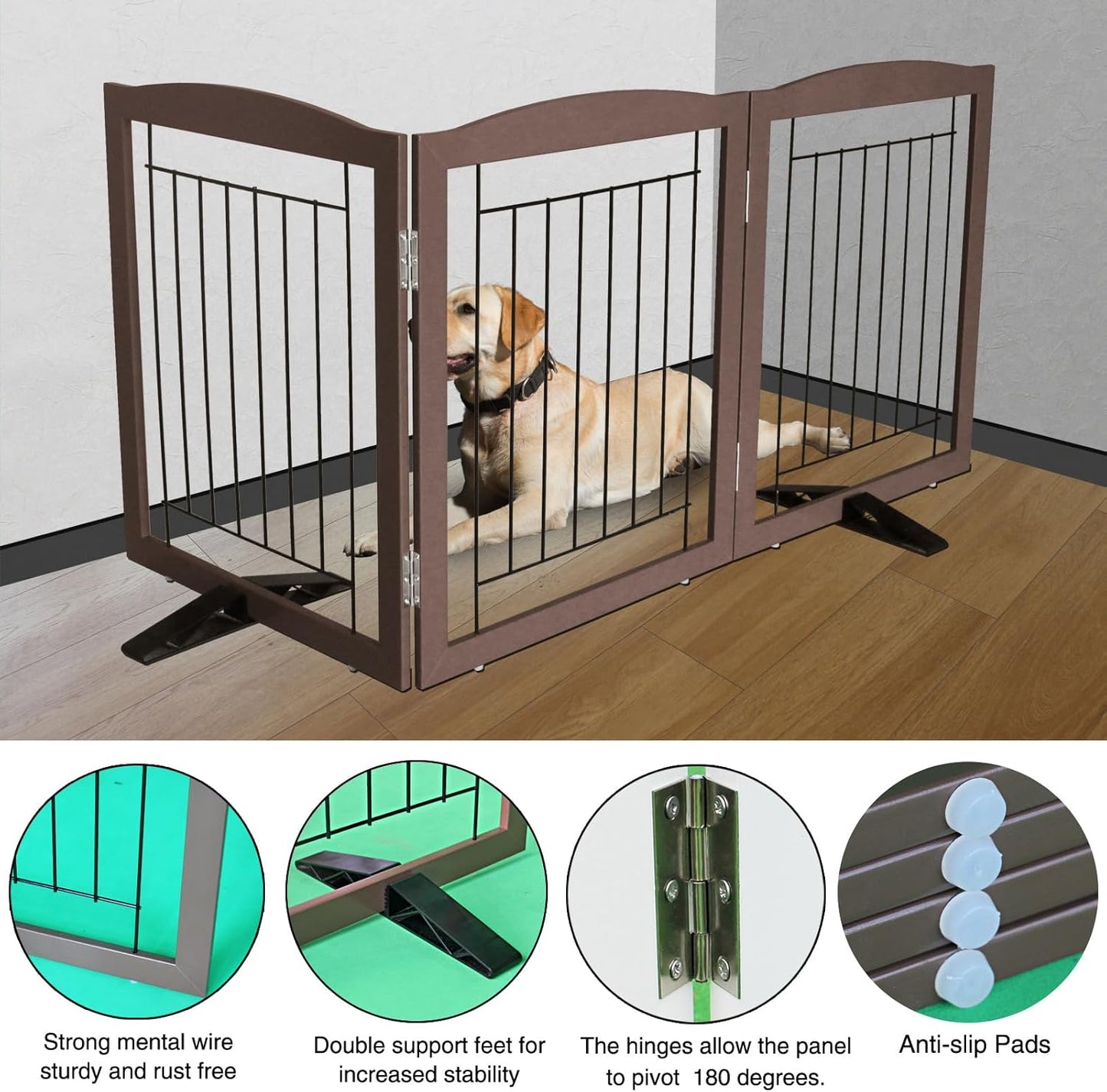 ZJSF Freestanding Dog Fence Indoor, Foldable Dog Gate for Doorways, Stairs or Hallways, Sturdy Wood Extra Wide Pet Gate with Support Feet for The House, Brown, 24 "Height-3 Panels