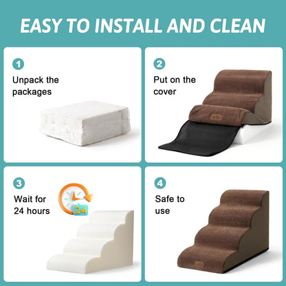 Dog Stairs for Small Dogs 19.7" H, Curved Dog Step for Puppy, Older or Cat, Medium Pet Ramp for Sofa, Couch or Bed, Ladder with High Density Foam, 15.7x28.3x19.7 inch, 4 Step, Brown