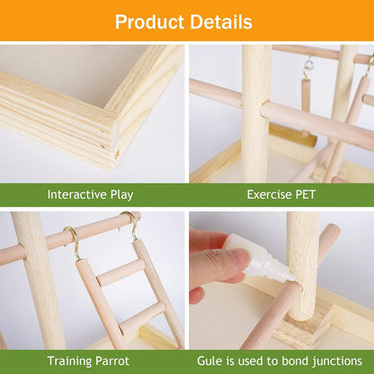 Budgie Perch Nature Wood Stand, Parrot Climbing Ladder Swing Chew Toy, Small Tabletop Bird Cage Play Gyms Playground for Parrots, Macaws, Love Birds, Finches, African Grey, Budgies
