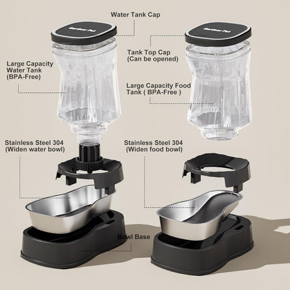 Automatic Pets Gravity Feeder and Water Dispenser Set with Stainless Steel Bowl, 1Gallon x 2 Stable Dog Food Feeder and Waterer, 100% BPA-Free for Small&Medium Dogs, Cats, Puppies(Black)