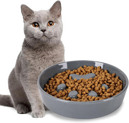 Slow Feeder Cat Bowls, Ceramic Fun Slow Eater Bowl for Cats (Grey)