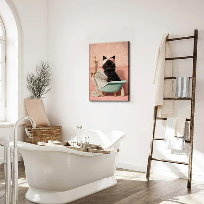 Cat Bathroom Wall Decor Black Cat Reading Newspaper in Bathtub Canvas Wall Art Funny Bathroom Pictures Kitten Painting Print Pink Artwork Framed Decorations Gifts 16"x24"