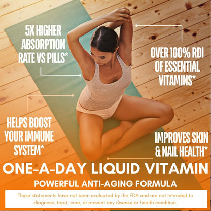 Mega Premium Liquid Multivitamin | Natural Immune Support Vitamin w/ 1333% Vitamin C, 200% D3, Zinc + 20 Vitamins, 70 Minerals, & 21 Amino Acids | Sugar Free | Orange Flavor | 98% Absorption | 32 Serv