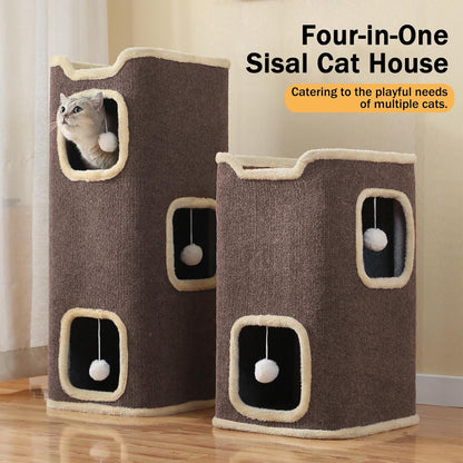 Empet Cat House for Indoor Cats Beds, Multi-Level Cat Condo, Foldable Cave Bed Brown, 2L