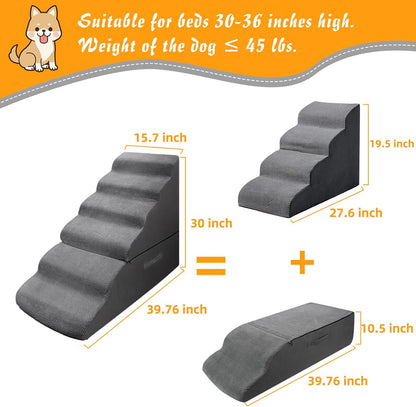 Dog Stairs&Steps for 30 Inches Tall High Bed, Pet Dog Ramp Ladder for Small Medium Dogs, Doggie, Old Cats, Kitty, Small Animals(Grey, Up to 30-36 Inch Tall Bed)