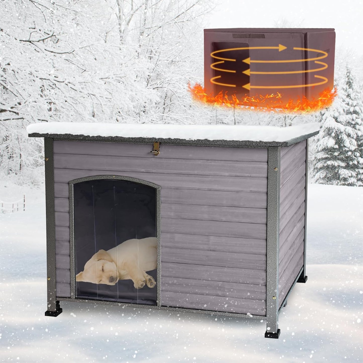 Feral Dog House Outdoor,Anti Bite Iron Frame Dog Kennel,Wood Warm Pets Home,Insulated Weatherproof Outside Shelter for Feral Animal (43.3" (L) x 29.4" (W) x 33.4" (H)-Grey-in)