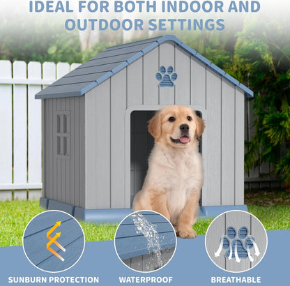 DRATO Dog House Indoor Outdoor for Small to Large Sized Dogs Indoor Outdoor Doghouse Puppy Shelter with Elevated Floor, Easy to Assemble (Blue, 31Inch(31.18 * 33.7 * 32.52))