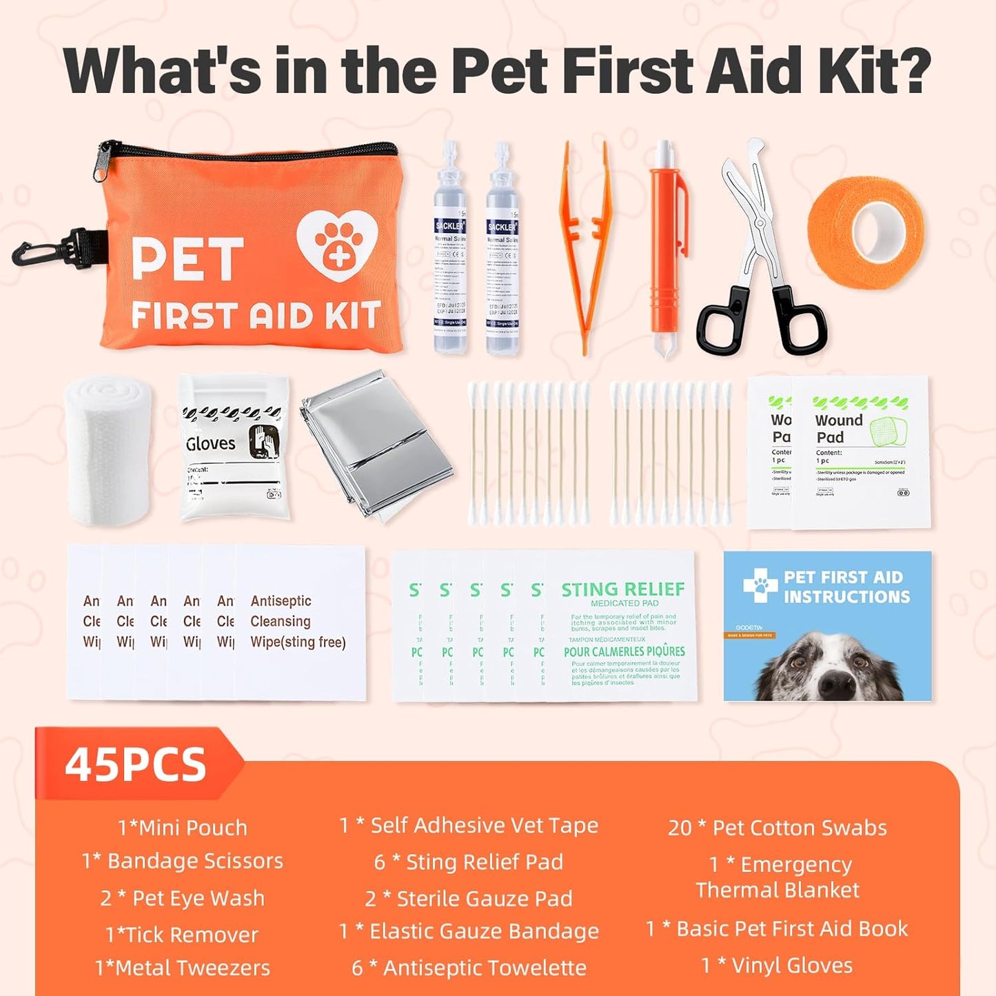 Portable Dog First Aid Kit with Hook - Water Resistant Pouch for Hiking, Camping, Daily Family Use, Travel, Pet Safety, Thoughtful Gift for Pet Owners (45pcs Standard Version)