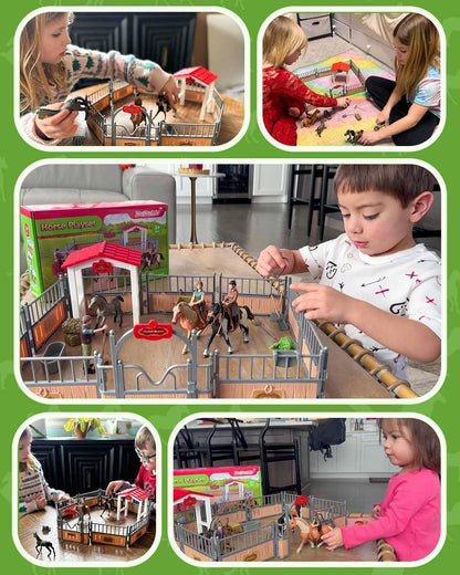 Horse Stable Playset, Horse Gifts for Girls and Boys with 3 Horses and 2 Riders, Horse Toys Set Farm Animals Toys for Kids 3 4 5 6 7 8+ (New Model), Green