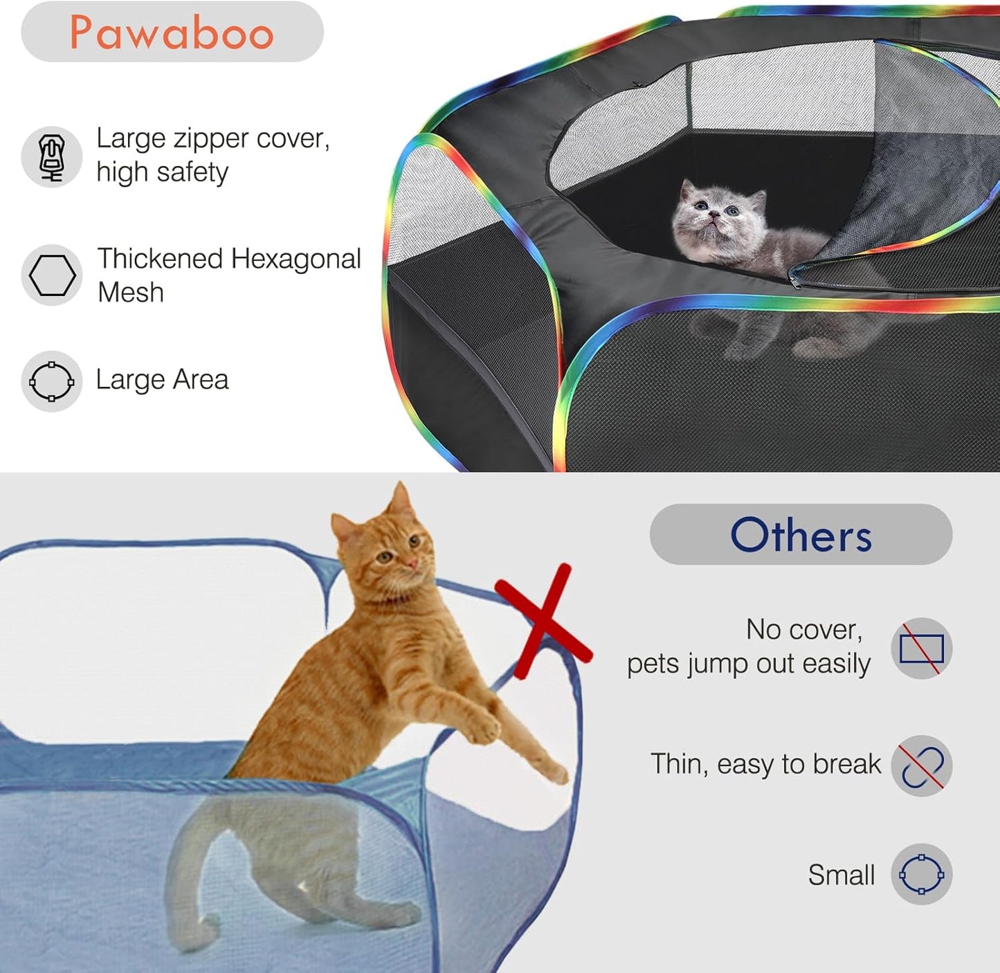 Pawaboo Small Animals Playpen, Waterproof Small Pet Cage Tent with Zippered Cover, Portable Outdoor Yard Fence with 3 Metal Rod for Chick/Kitten/Puppy/Guinea Pig/Rabbits/Hamster, Black + Rainbow