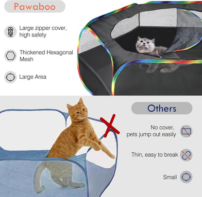 Pawaboo Small Animals Playpen, Waterproof Small Pet Cage Tent with Zippered Cover, Portable Outdoor Yard Fence with 3 Metal Rod for Chick/Kitten/Puppy/Guinea Pig/Rabbits/Hamster, Black + Rainbow