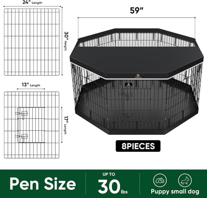 PJYuCien Dog Playpen, 8 Panels 30’’H Dog Pens Indoor with Bottom Pad and Top Cover, Metal Foldable Pet Puppy Exercise Fence Crate Kennel, Better for Small Animals,Black