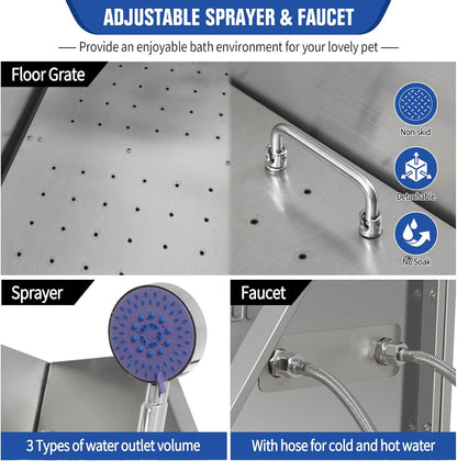 Professional Stainless Steel Dog Grooming Bathtub Station Wash Shower Sink with Faucet Walk-in Ramp and Accessories Pet Grooming Bathtub Station,34" L-RAMP