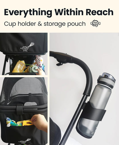 4 Wheels Pet Stroller, Dog Stroller for Small/Medium Dogs and Cats up to 33 lbs, One-Click Fold & Draggable, Removable Carrier, Zipperless Entry, Mesh Windows, Black