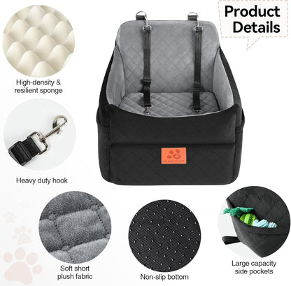 Dog Car Seat for Small/Medium Dogs, Dog Booster Car Seats with Thick Cushion for Dogs Under 35lbs, Detachable Washable Pet Car Seat with Storage Pockets, 2 Safety Belts(Black/Grey)