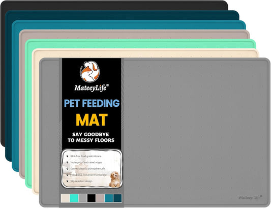 MateeyLife Cat & Dog Food Mat - Waterproof, Non-Slip Bowl Mat with Raised Edges, Silicone Matt Tray for Messy Drinkers, 22"x14", Grey