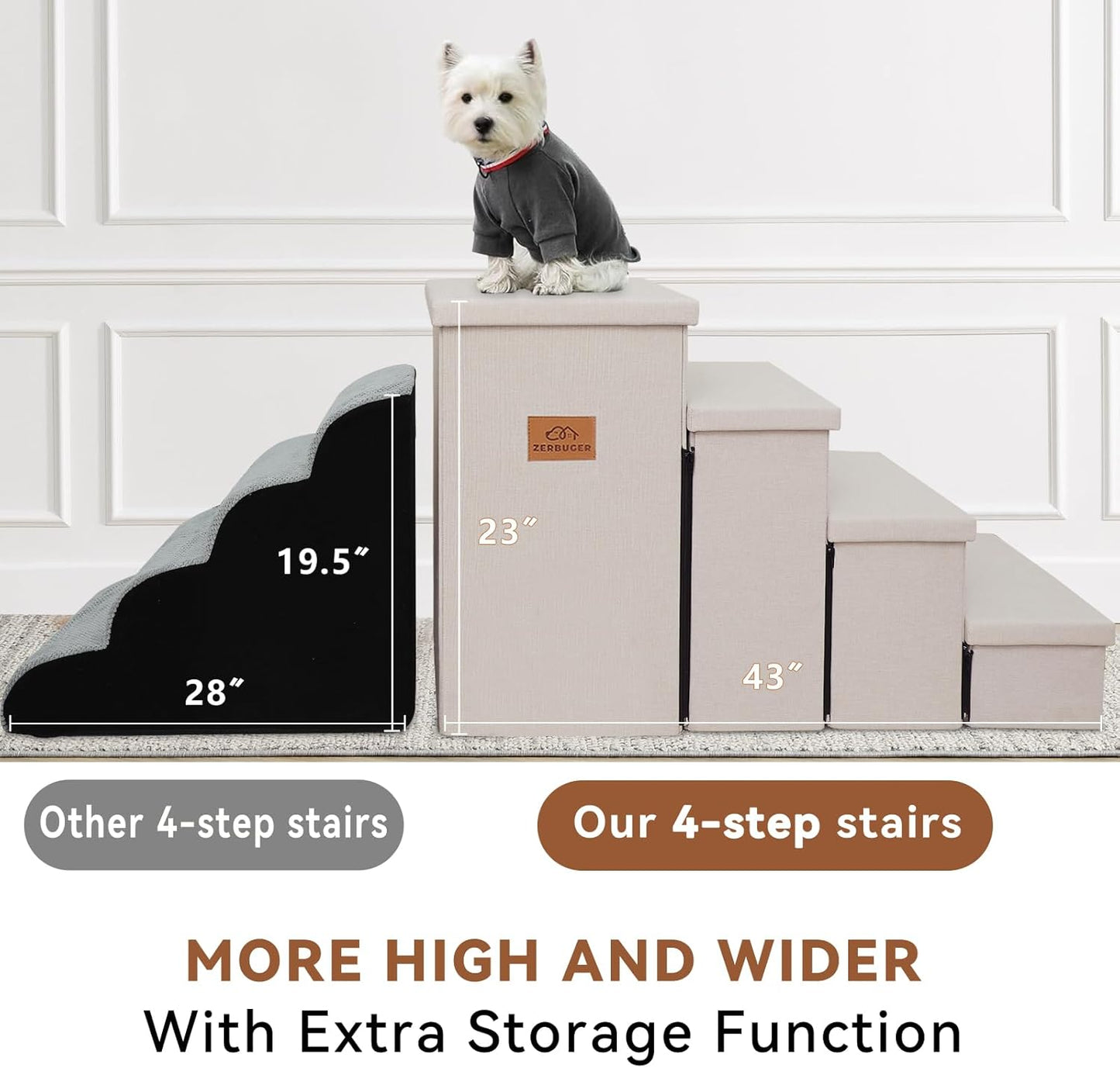 Dog Stairs with Storage 23" H, 4-Step Wider Dog Steps for High Beds Window, Folding Sturdy Pet Stairs Gift for Small/Medium/Large Old Dogs Cat, Ramp for Climbing Car Up to 200 lbs, Beige