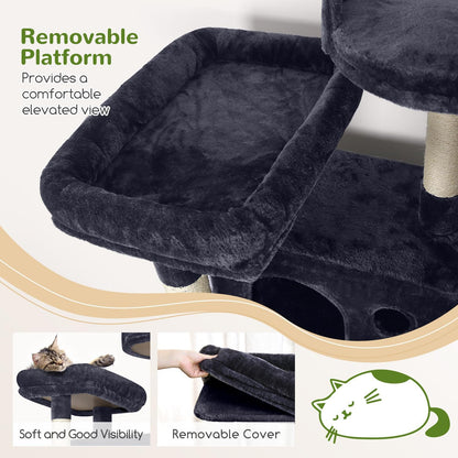 Globlazer Cat Tree, 70 inch Tall Scratching Tower Multi-Level Cat Condo for Indoor Multiple Cats with 2 Large Cat Caves, Top Perch, Large Platform, Bottom Swing, F70B, Dark Grey