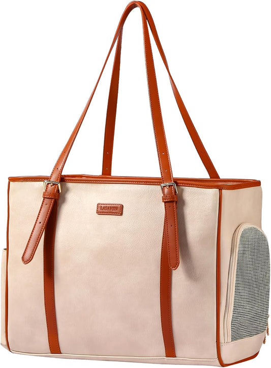 Fashion Dog Purse Pet Carrier Leather Bag for Small Dogs Cats Puppy, Portable Tote Bag Airline Approved Soft-Sided Carriers (Beign)