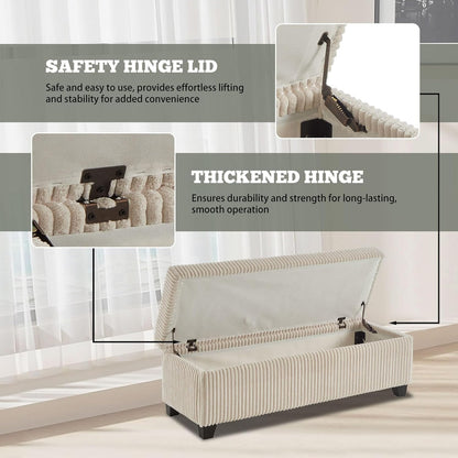 48" Ottoman with Storage, Corduroy Storage Ottoman Bench for Bedroom, End of Bed Bench with Safety Hinge for Living Room, Bedroom, Entryway, Beige