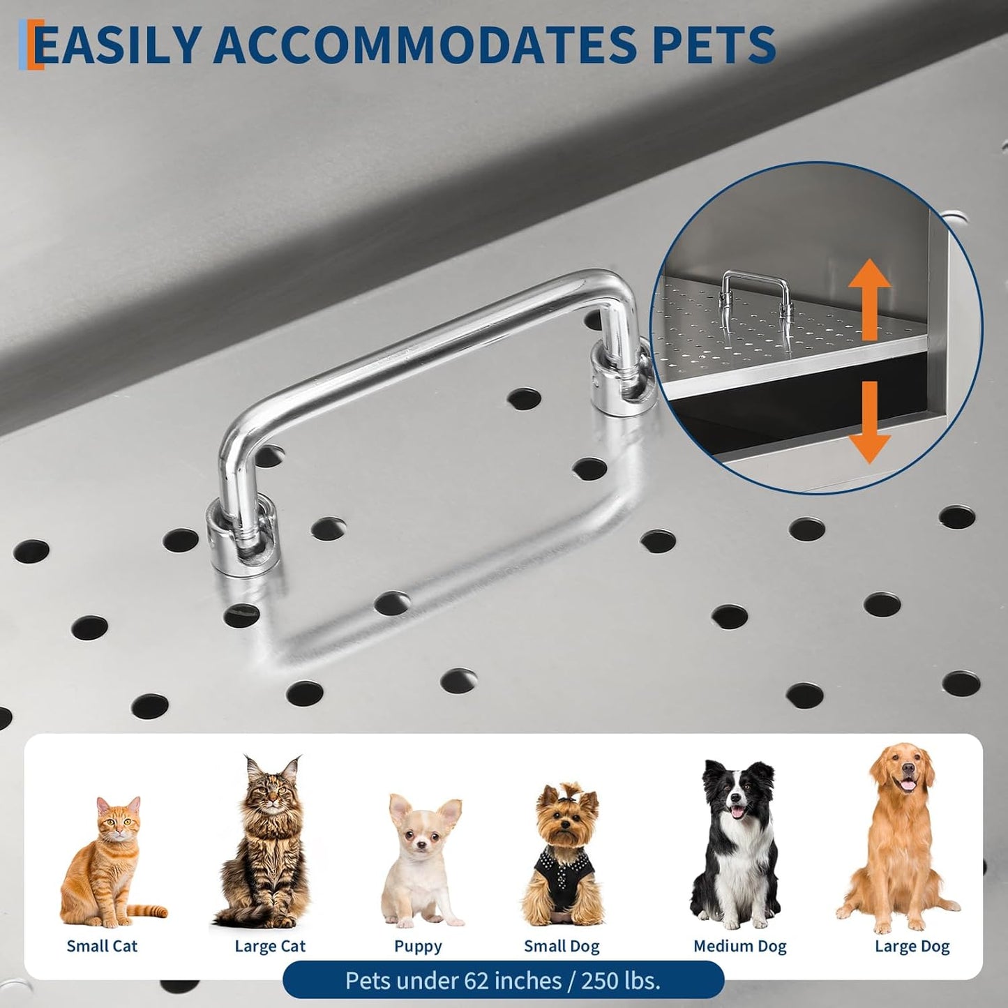 Stainless Steel Dog Washing Station - Dog Bath Tub for Large, Medium, Small Dogs, Pet Grooming Tub with Ramp, Non-Slip Grate, Shower, Soap Box, Faucet, Drain for Home & Outdoor （Left RAMP, 62"）