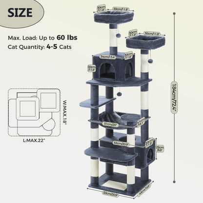 PAWZ Road Large Cat Tree, 72 Inches Cat Tower for Large Cats, Cat Condo with Sisal-Covered Scratching Posts and Pads, 2 Padded Perch, Dual Condo and Basket for Indoor Cats-Dark Gray