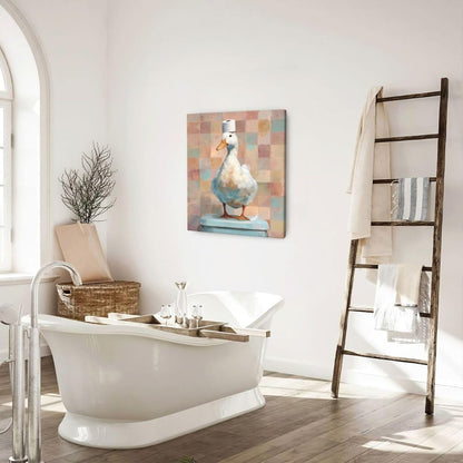 Funny Duck Bathroom Wall Art Cute Duck on Toilet Canvas Wall Decor Funny Quirky Farm Animal Pictures Painting Print Framed Artwork Decorations Gifts for Bathroom 20"x24"