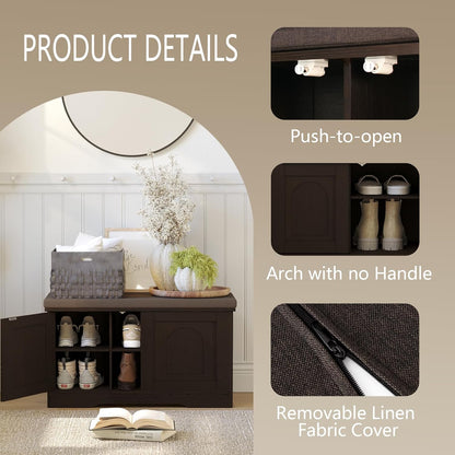 DINZI LVJ Shoe Bench, Entryway Storage Bench with Doors, Cushion, 2-Tier Shoe Rack with 6-Cubby, 31.5”L x 13.8”W Shoe Organizer Cabinet, Adjustable Shelf, Living Room, Bedroom, Espresso