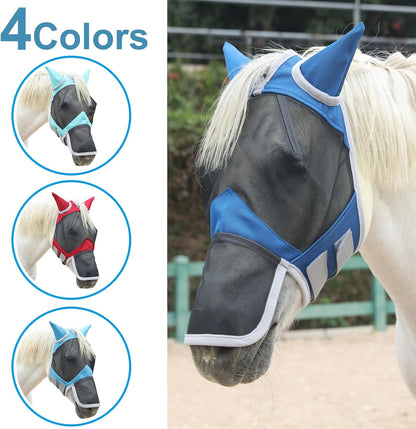 Horse Fly Mask with Ears & Long Nose Cover | Forelock Opening for Tangle-Free Mane Care | UV Protection & Breathable Mesh | No Rub Fit and Enhanced Visbility for Trail Riding RoyalBlue Full