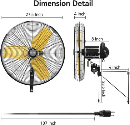8800 CFM 24" Outdoor Commercial Wall Fan Oscillating, IP44 Waterproof Wall Mount Fan, Heavy Duty, 3 Speed, Adjustable Tilt for Factory, Warehouse, Garage, ETL Listed